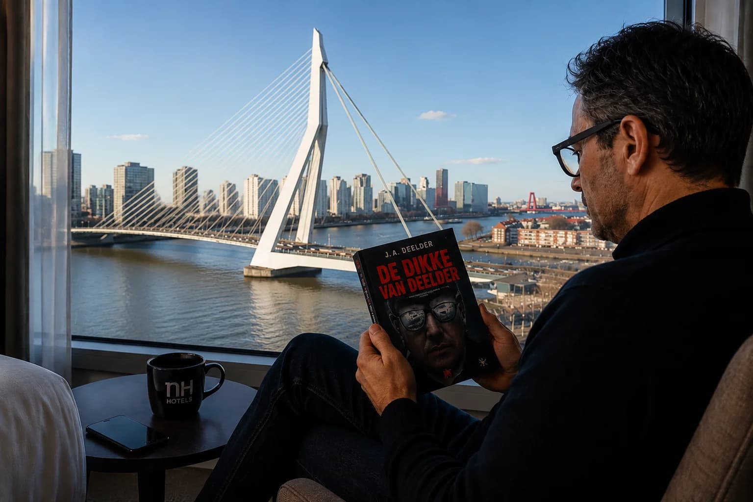 Lezer geniet van De Dikke van Deelder in een NH Hotel met uitzicht op de Erasmusbrug en de Rotterdamse skyline.