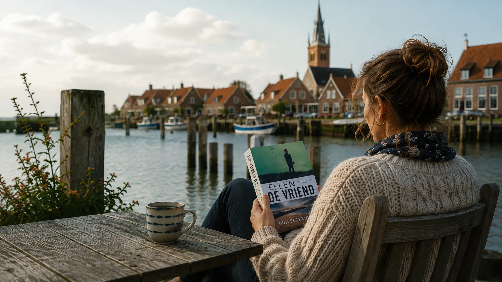 Vrouw leest Duivelskruid van Ellen de Vriend aan een sfeervolle Zeeuwse haven.