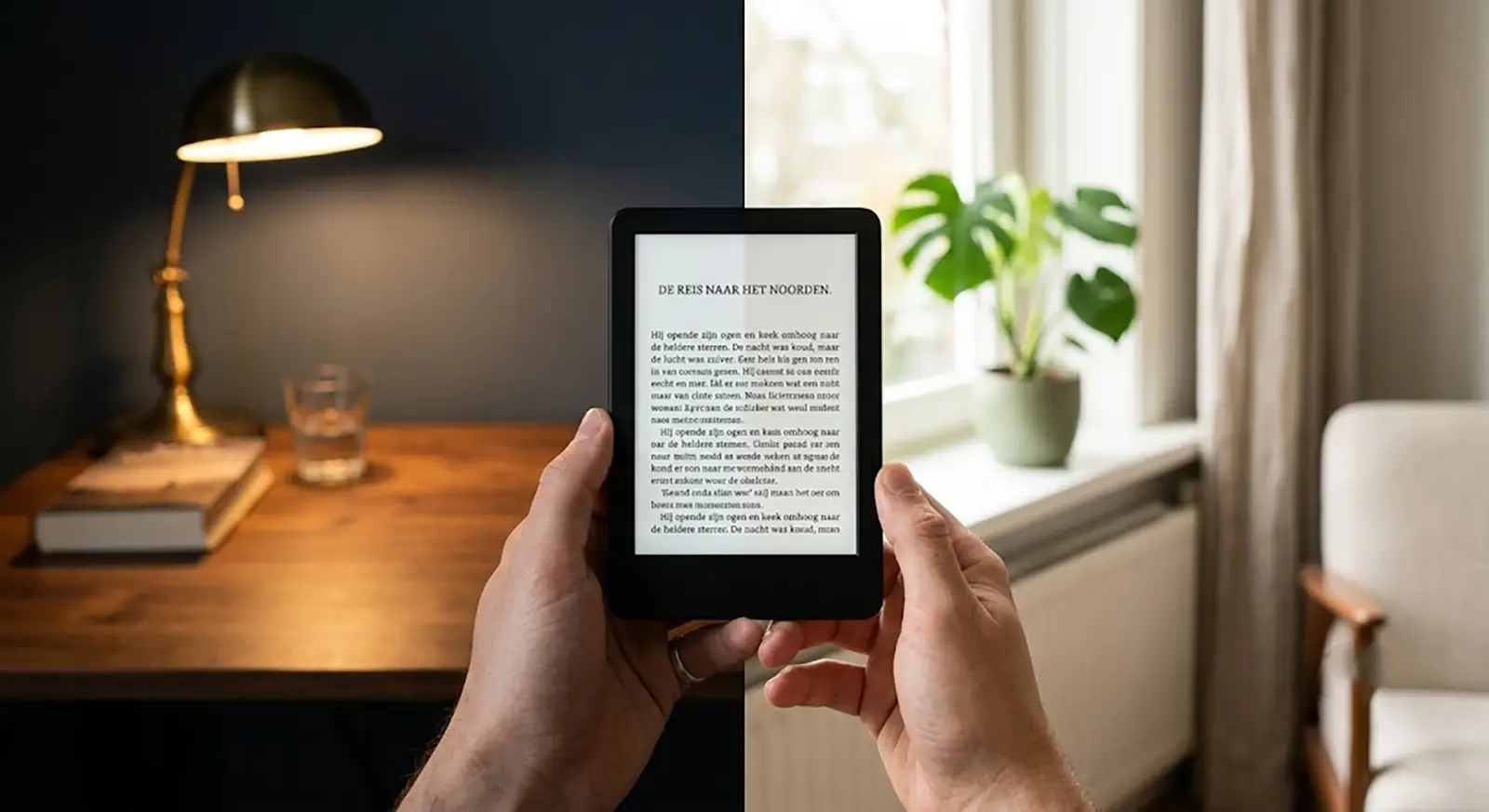 Hand met compacte e-reader: scherm blijft even goed leesbaar in een donkere kamer als in fel daglicht