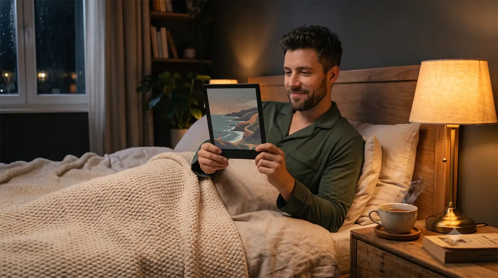 Kindle Colorsoft e-reader met kleurrijke boekomslag op het e-inkscherm, lezen bij warm avondlicht