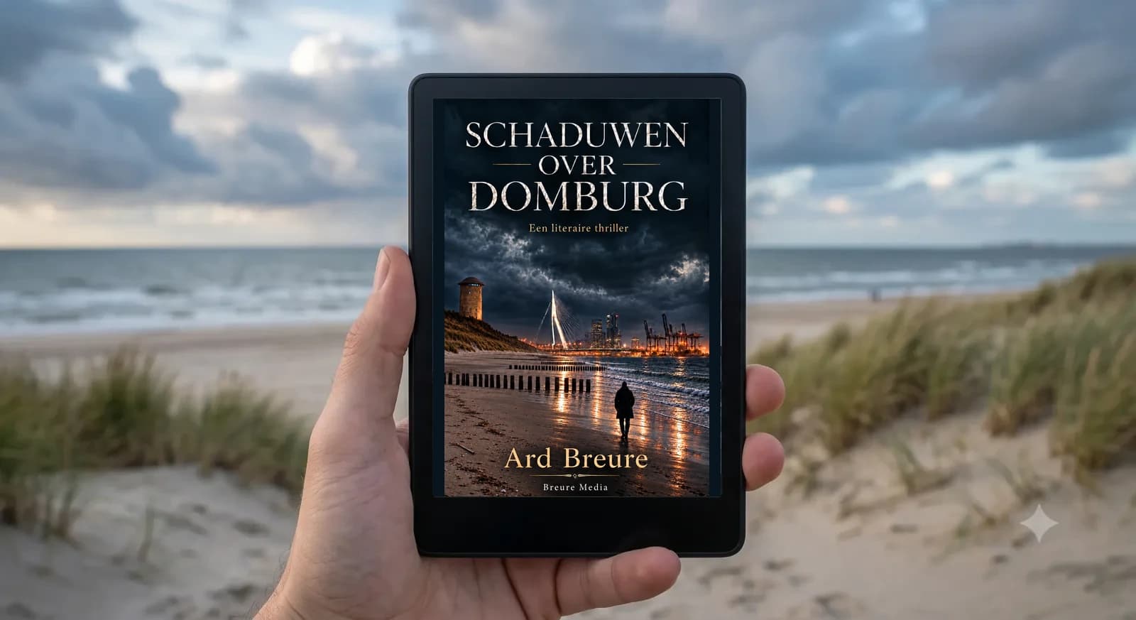 Kindle Paperwhite e-reader met de cover van Schaduwen over Domburg aan de Zeeuwse kust