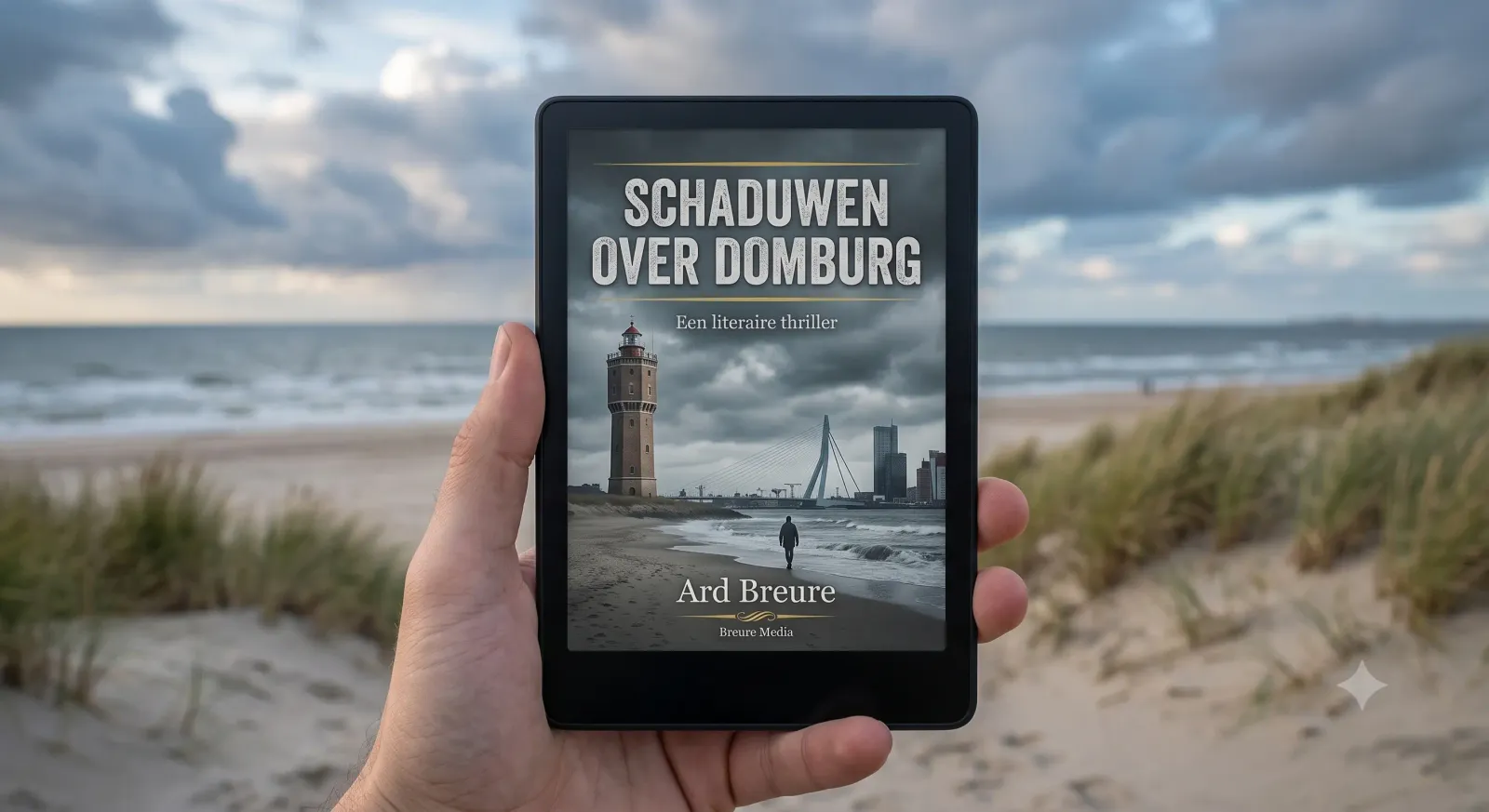 Kindle Paperwhite e-reader met de cover van Schaduwen over Domburg, op de achtergrond het Zeeuwse strand en de zee