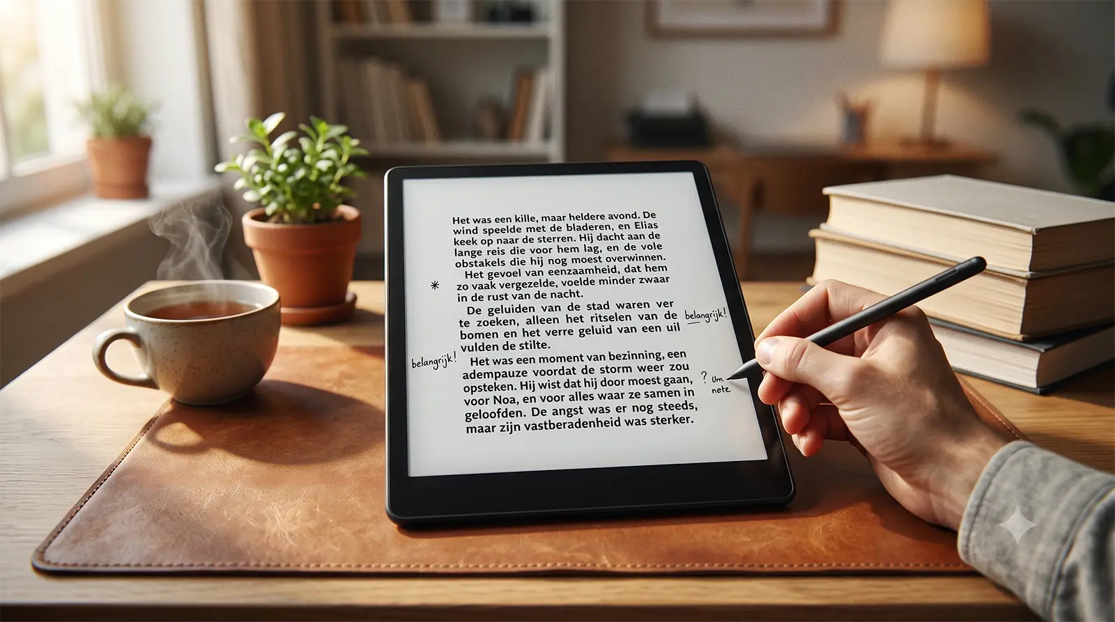 Hand schrijft met pen aantekeningen op een Kindle Scribe e-reader met groot ontspiegeld e-inkscherm