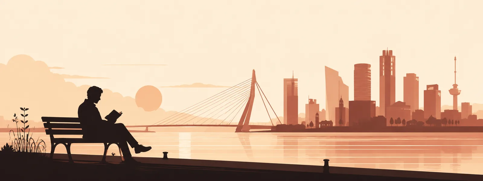 Illustratie van lezen aan de Maas in Rotterdam met de Erasmusbrug op de achtergrond