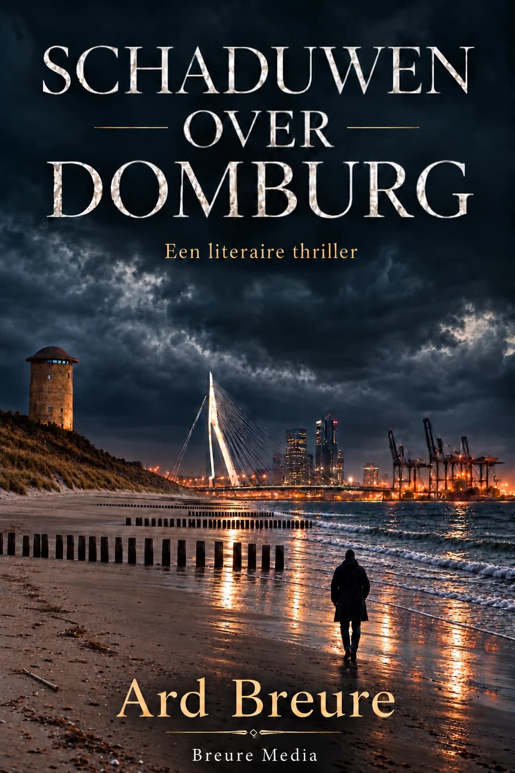 Boekcover Schaduwen over Domburg van Ard Breure, met strand, watertoren, een eenzame figuur en de Rotterdamse haven.
