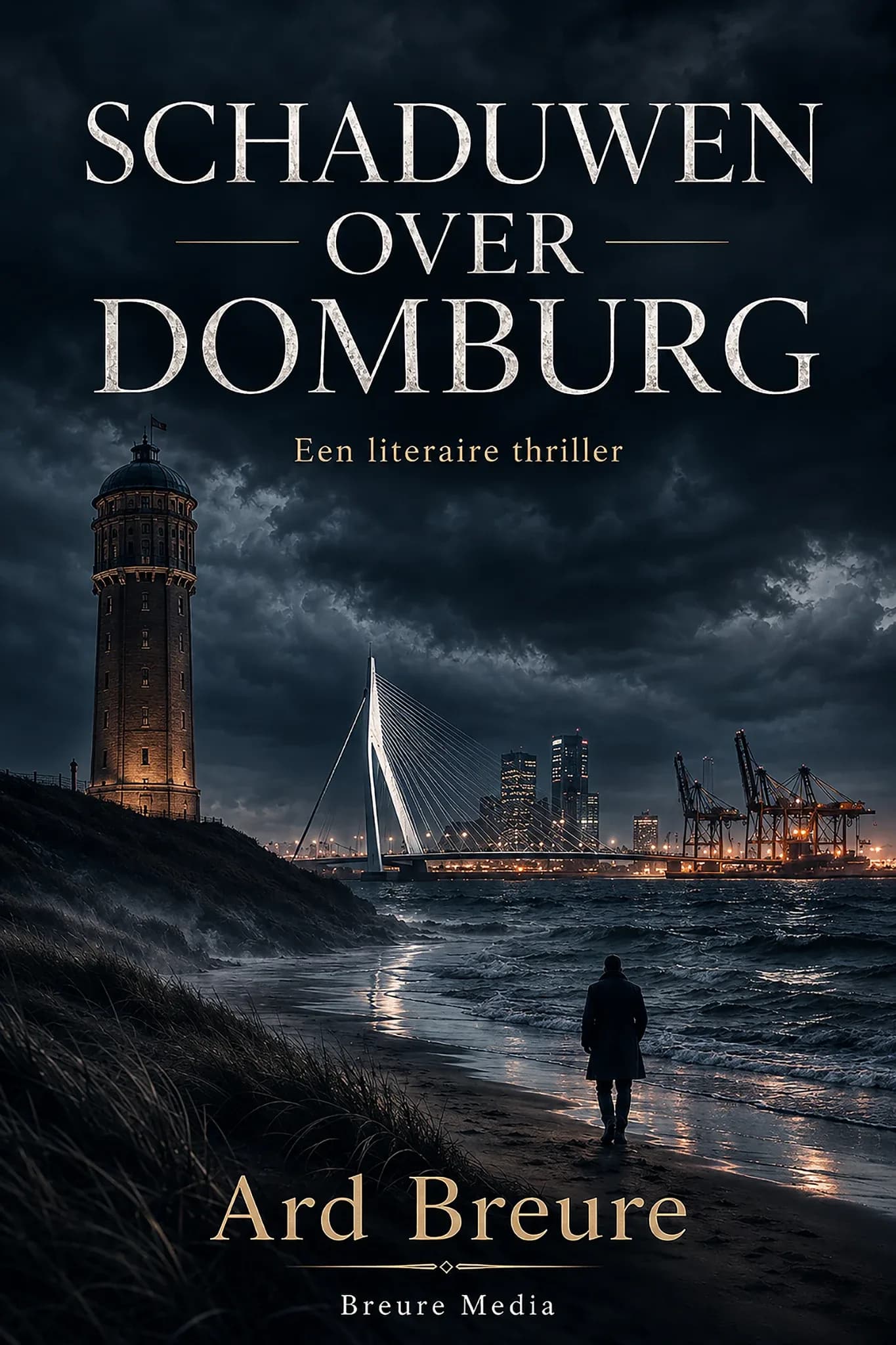 Schaduwen over Domburg - literaire thriller van Ard Breure, boekomslag met vuurtoren en de Rotterdamse Erasmusbrug