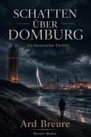 Buchcover Schatten über Domburg von Ard Breure: einsame Gestalt am Strand von Domburg, Wasserturm und Rotterdamer Hafenskyline unter Gewitterhimmel