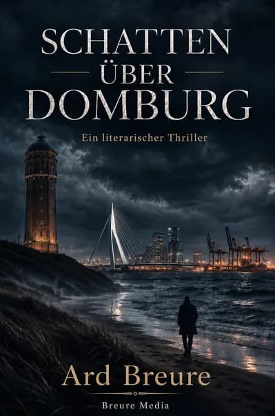 Buchcover Schatten über Domburg von Ard Breure: einsame Gestalt am Strand von Domburg, Wasserturm und Rotterdamer Hafenskyline unter Gewitterhimmel