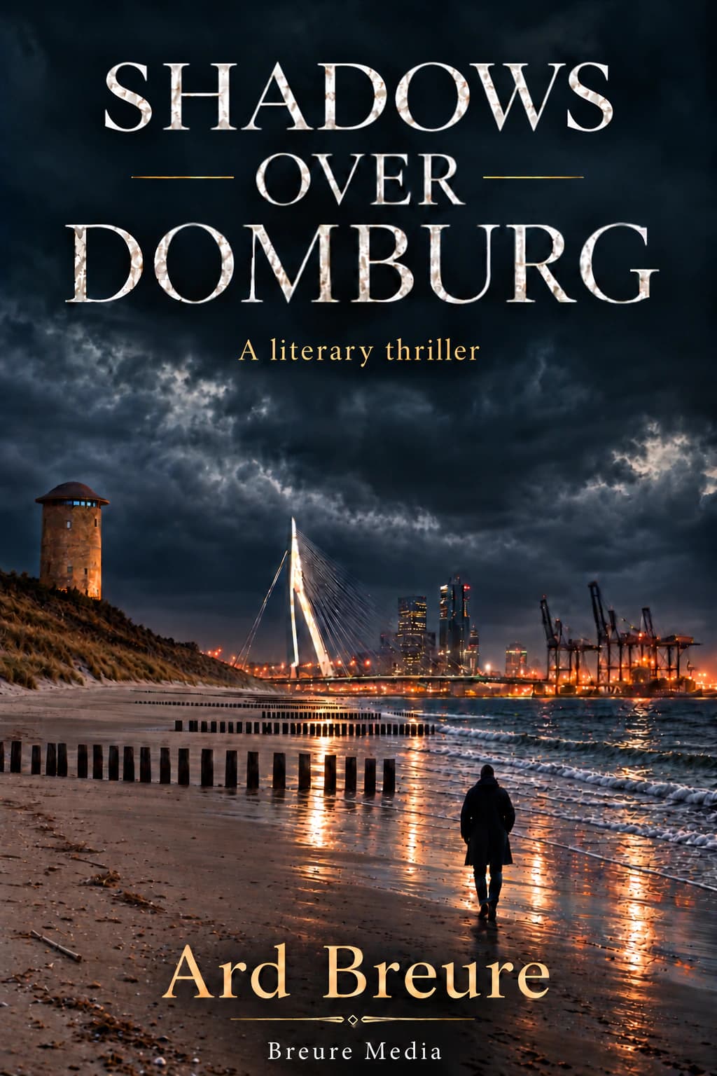 Shadows over Domburg book cover by Ard Breure, featuring Domburg beach, its water tower and Rotterdam harbour.