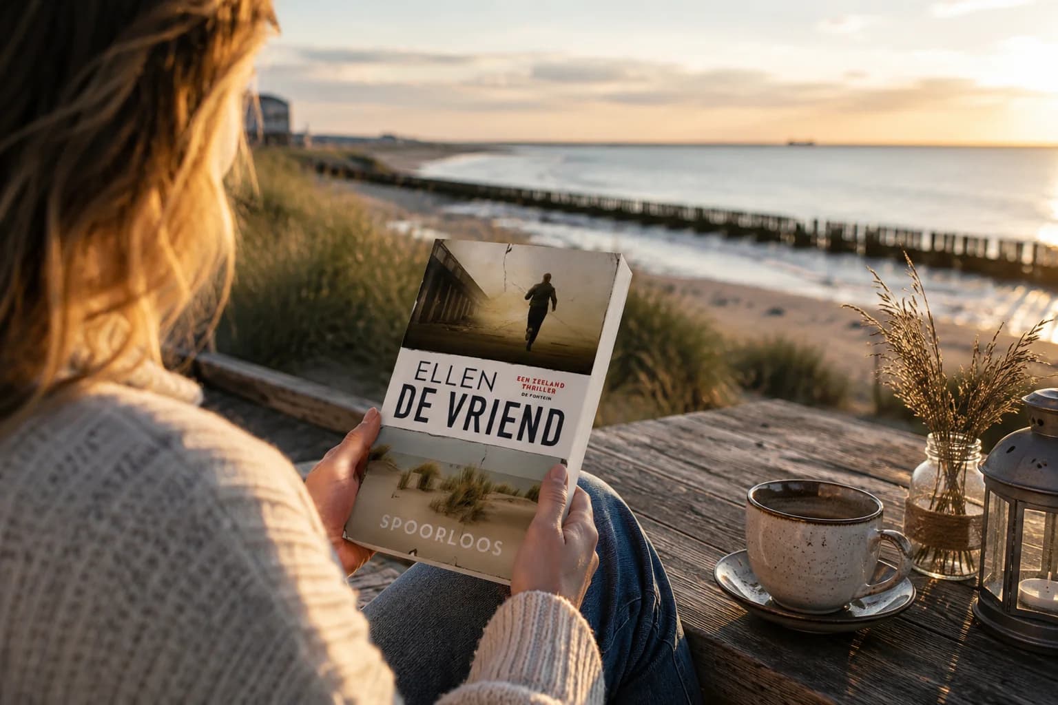 Vrouw leest Spoorloos van Ellen de Vriend aan de Zeeuwse kust bij zonsondergang.