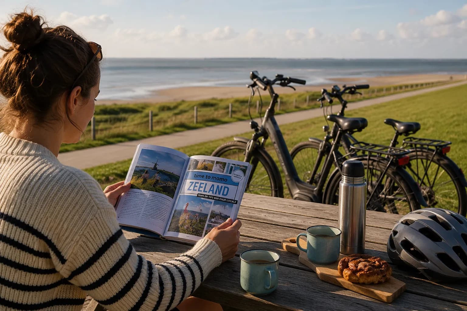 Vrouw bekijkt Time to Momo Zeeland tijdens een fietspauze aan de Zeeuwse kust.