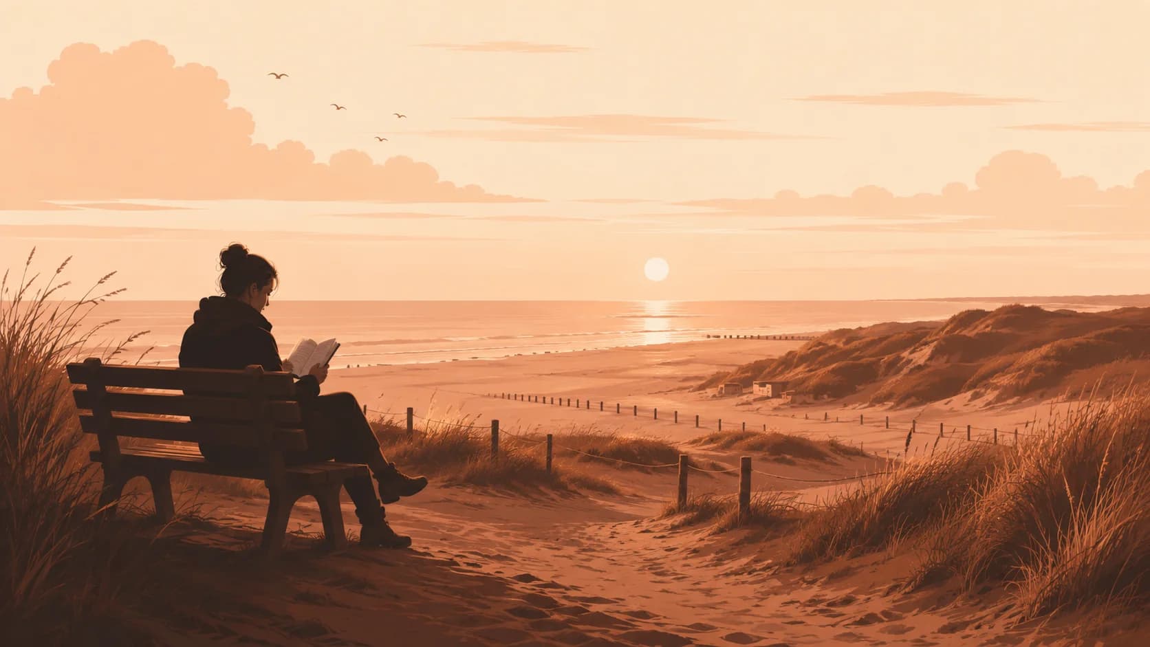 Lezende vrouw op een bankje in de Zeeuwse duinen met uitzicht op zee bij zonsondergang