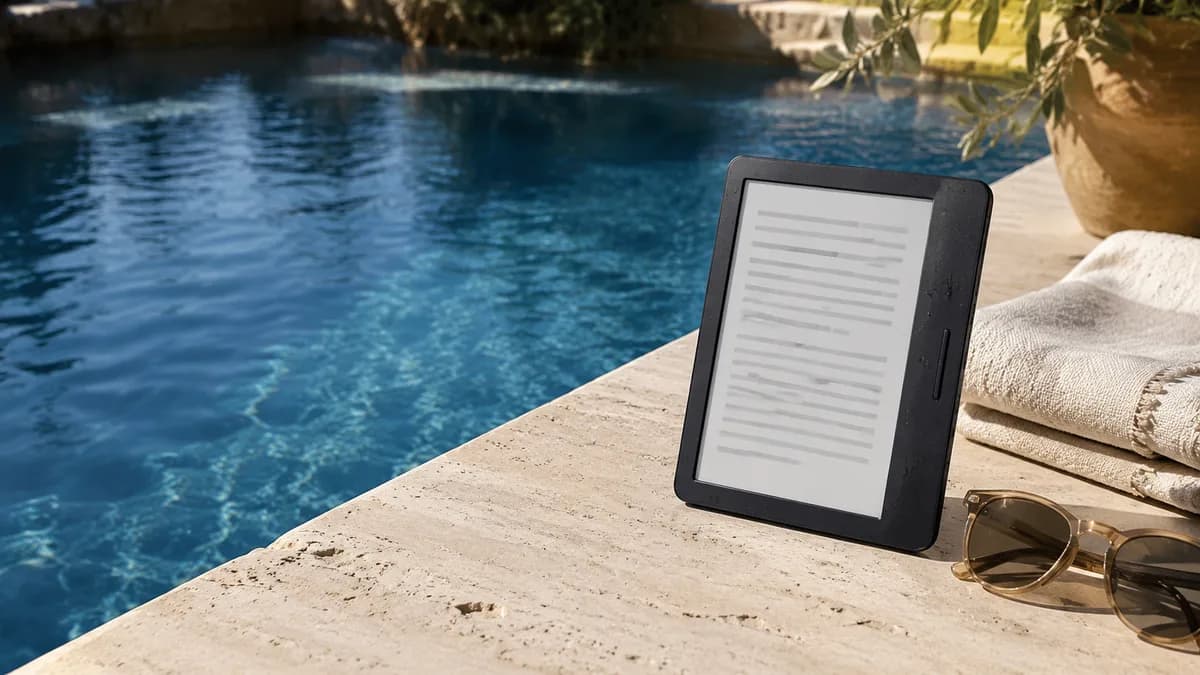 Waterdichte e-reader naast een zwembad voor lezen op vakantie