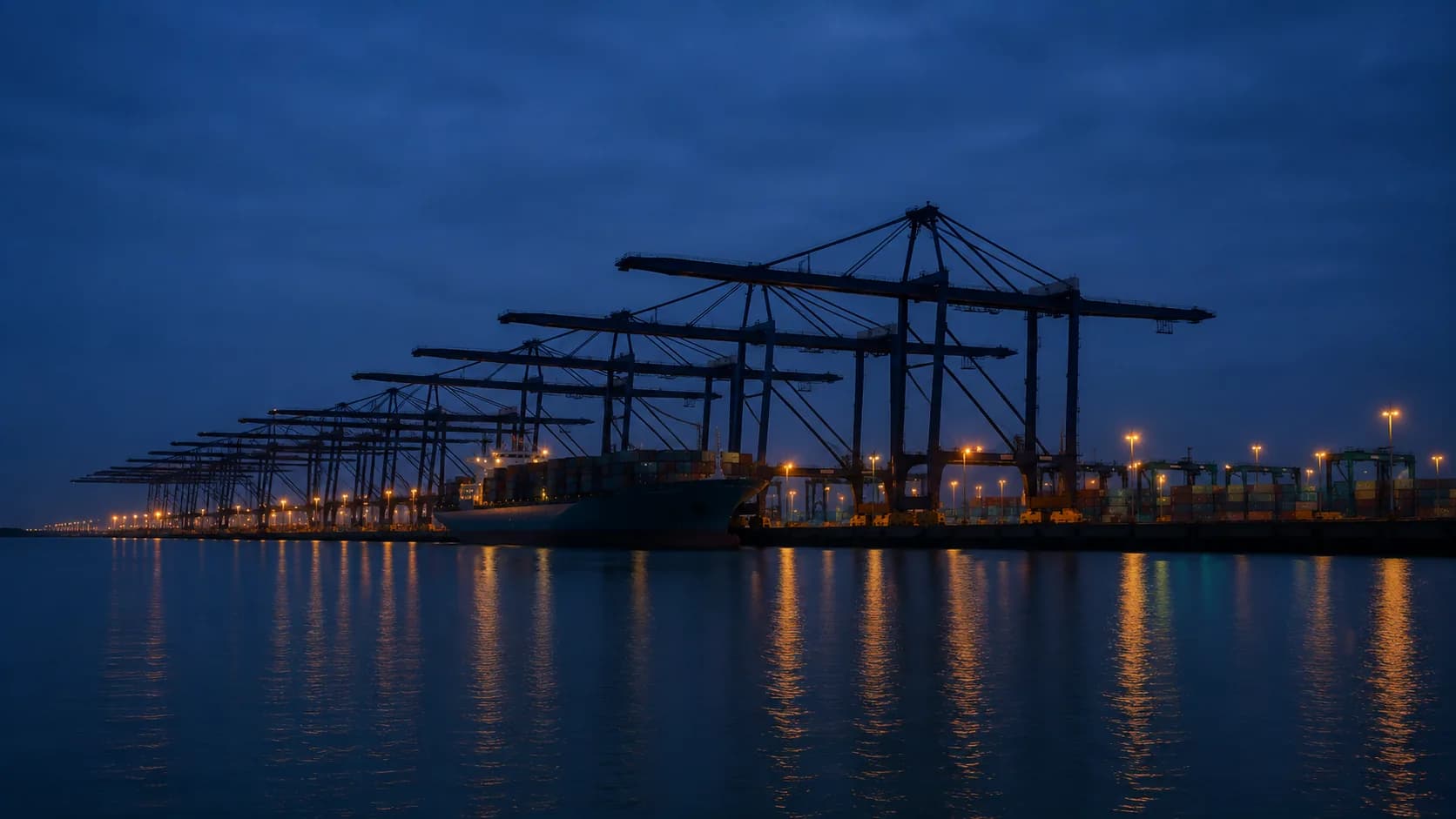 A row of container cranes along the quay in the Port of Rotterdam at blue hour