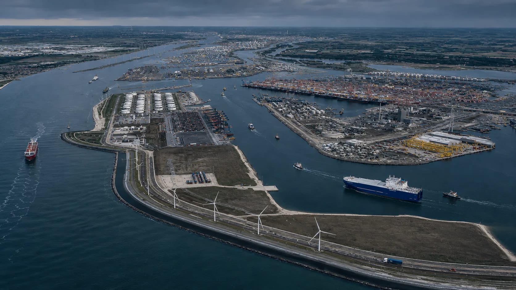 Aerial view of the Maasvlakte, with wind turbines along the sea defence and container terminals