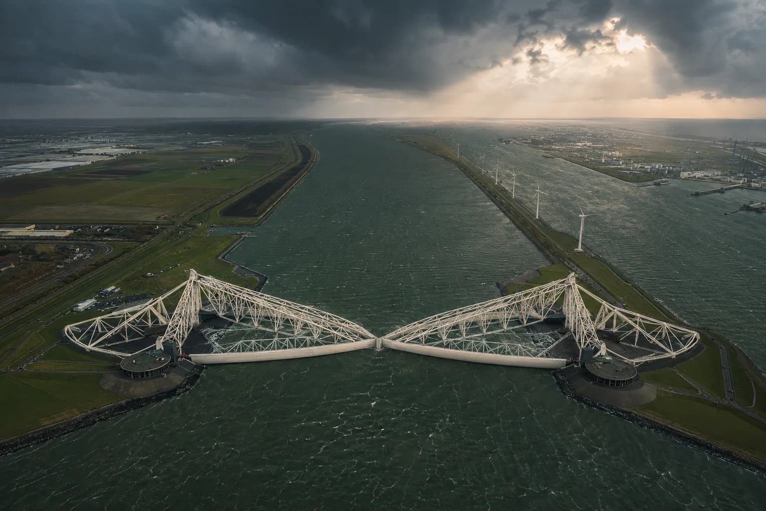 The closed Maeslantkering storm surge barrier at Hoek van Holland, sealing the Nieuwe Waterweg from the sea