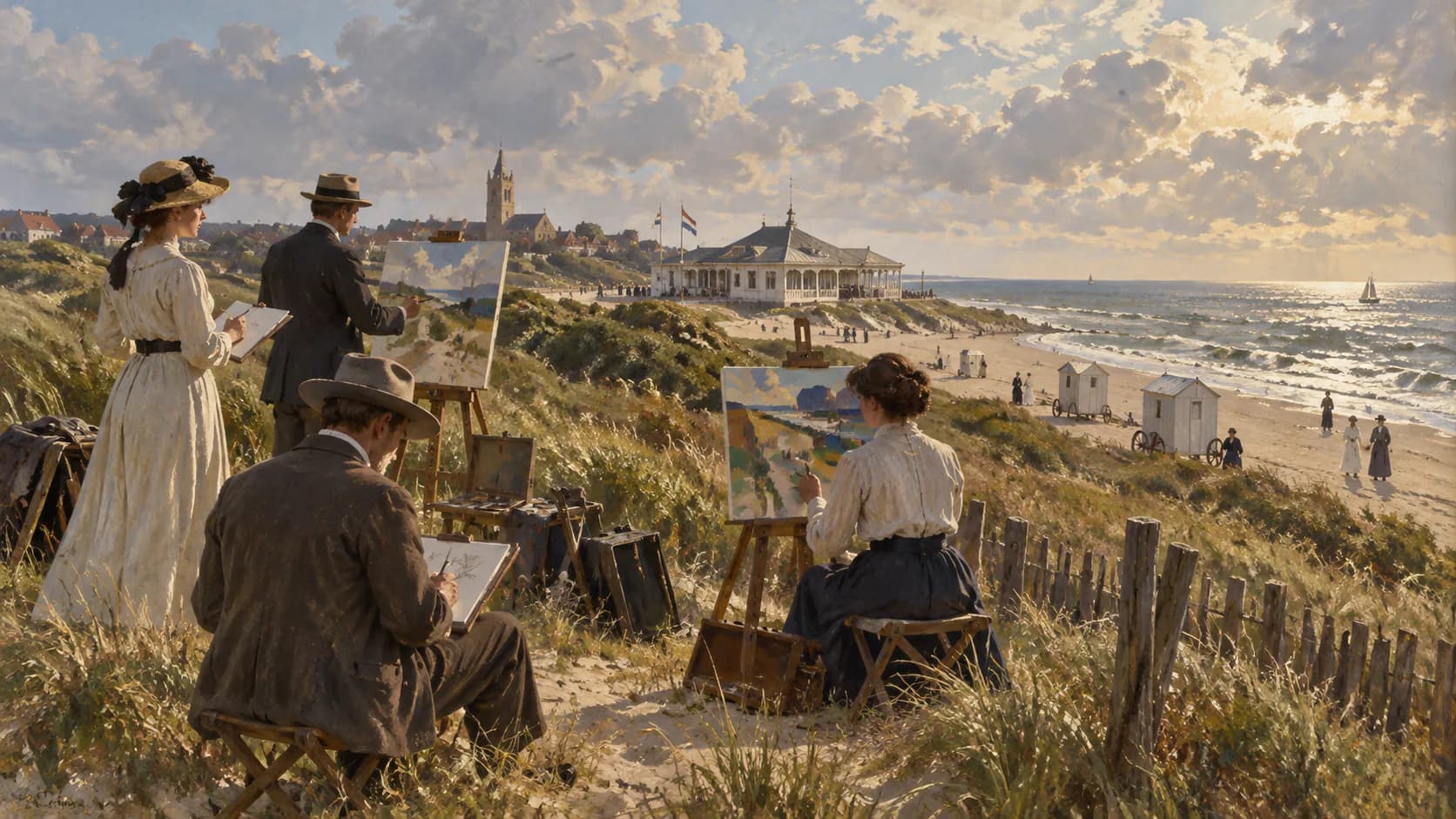 Painters of the Domburg artists' colony in the dunes, looking out over the Badpaviljoen, church tower and the North Sea