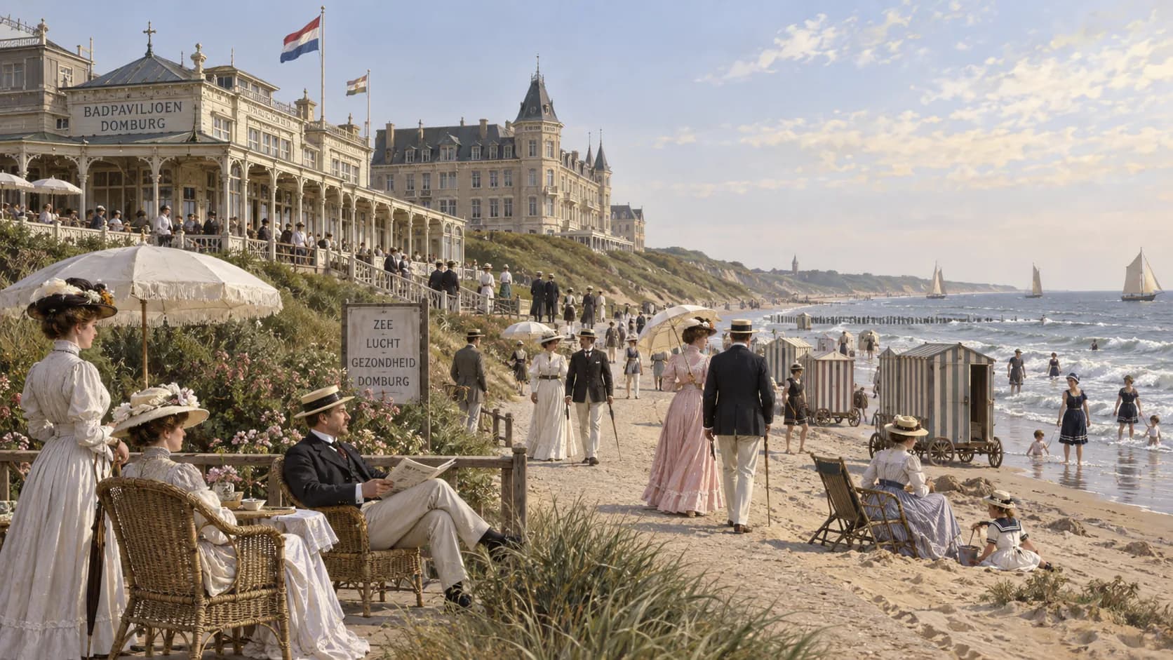 Historic Domburg around 1900 with the Badpaviljoen, beach visitors and the North Sea