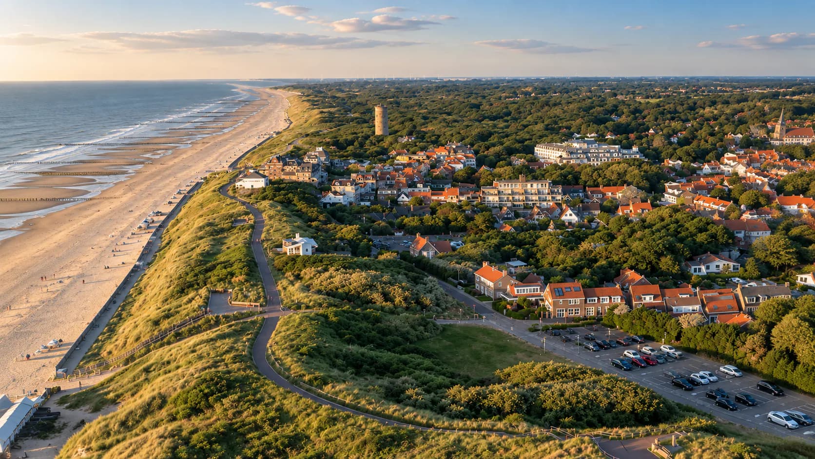 Aerial view of present-day Domburg with dunes, beach, water tower and the North Sea