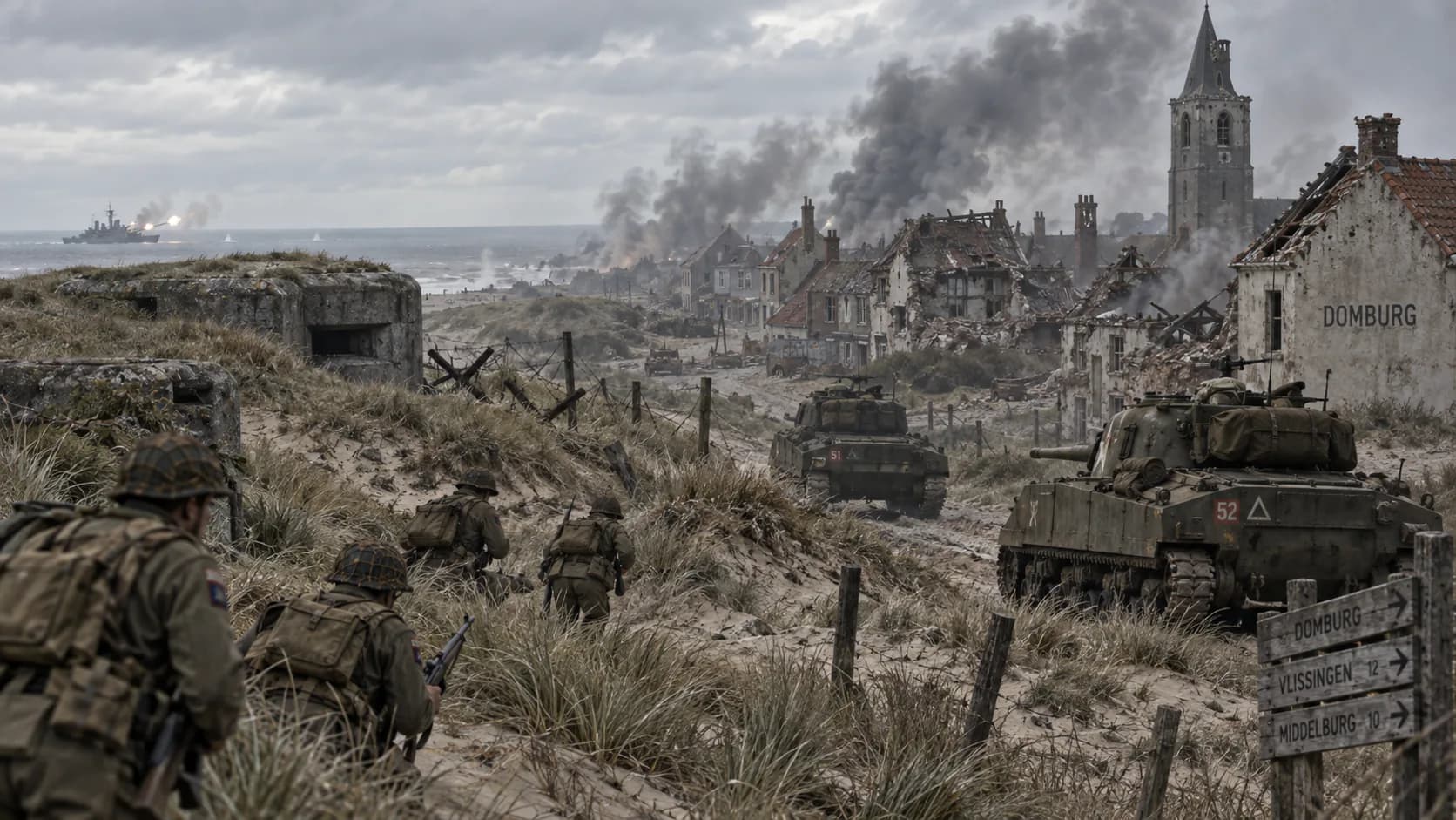 Allied soldiers and tanks at Domburg during the Second World War, with Atlantic Wall bunkers