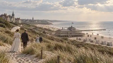 Historical reconstruction of Domburg around 1900 with the Badpaviljoen, visitors in the dunes and the North Sea