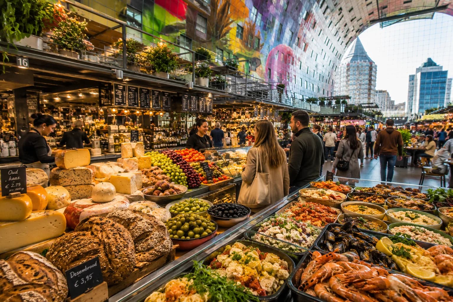Eetkraampjes in de Markthal Rotterdam met kaas, brood, vis en bezoekers