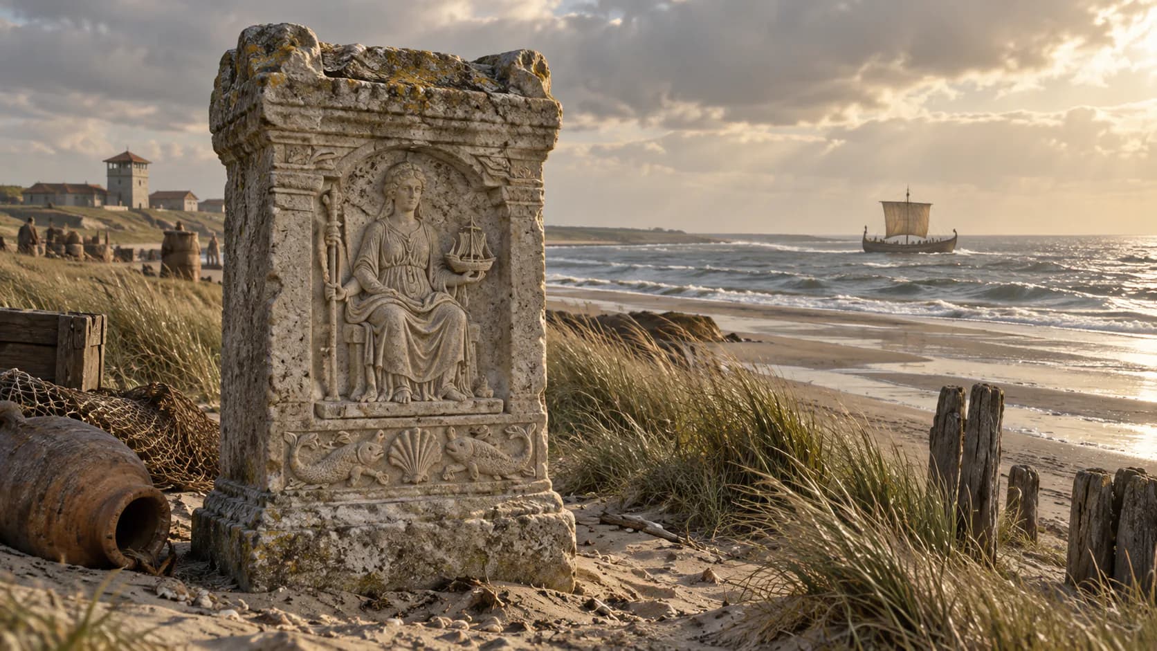 Roman Nehalennia altar on the coast at Domburg with the North Sea and a Roman merchant ship