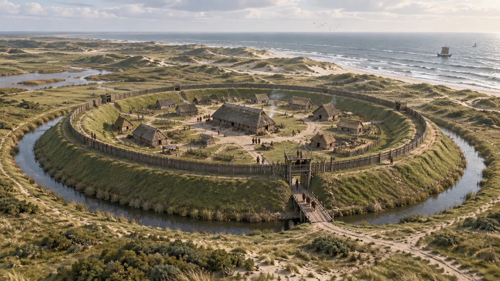 Reconstruction of the early medieval ring fort Duinburg at Domburg, with a wooden palisade, farmhouses and the North Sea