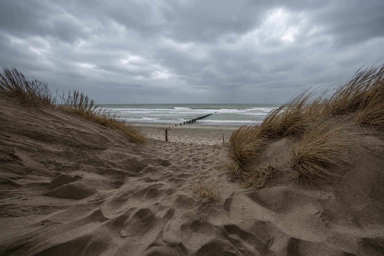 Beach access path between the dunes near Domburg under a grey November sky