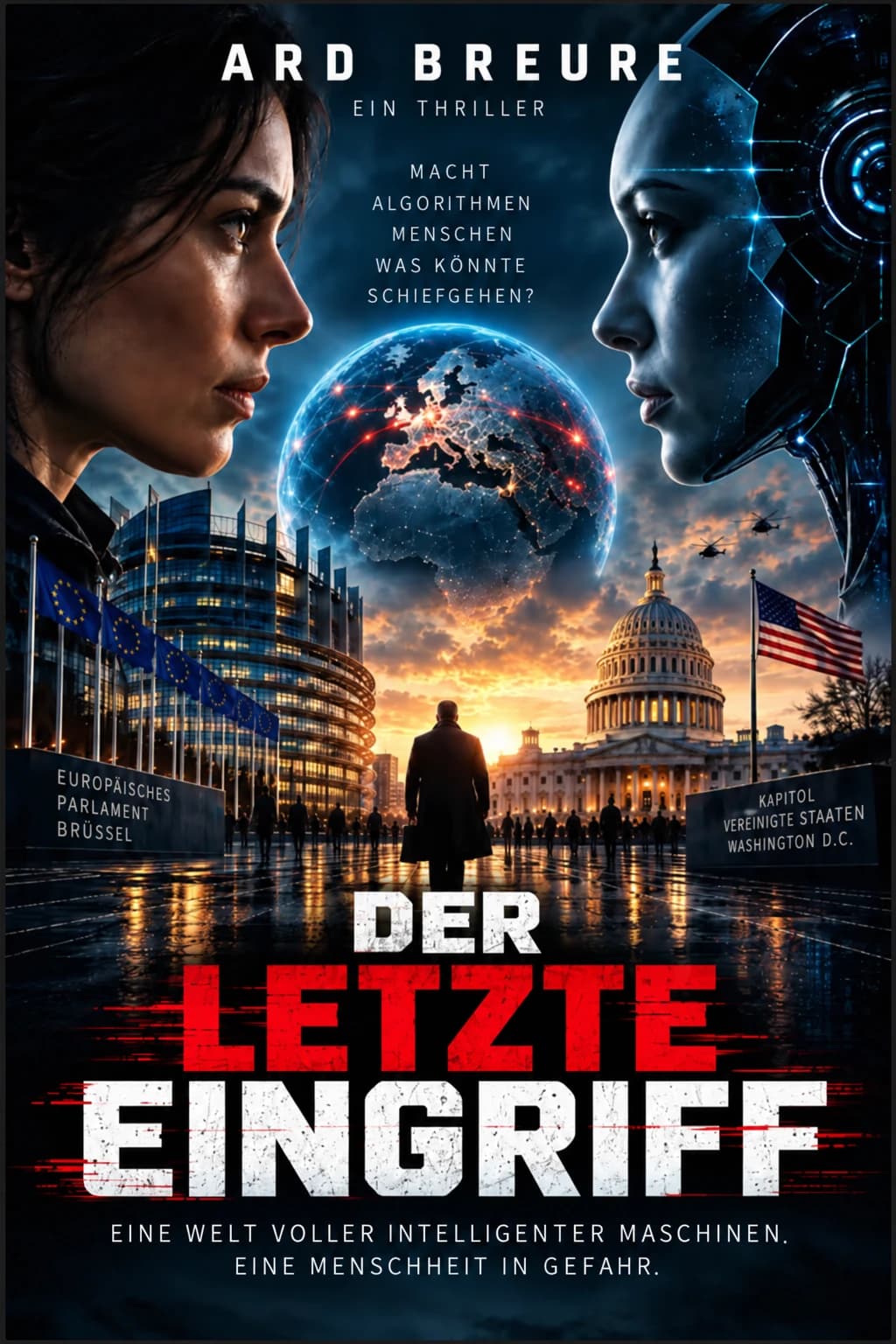 Der Letzte Eingriff von Ard Breure, deutsche Buchcover eines geopolitischen KI-Thrillers über Mensch und Maschine