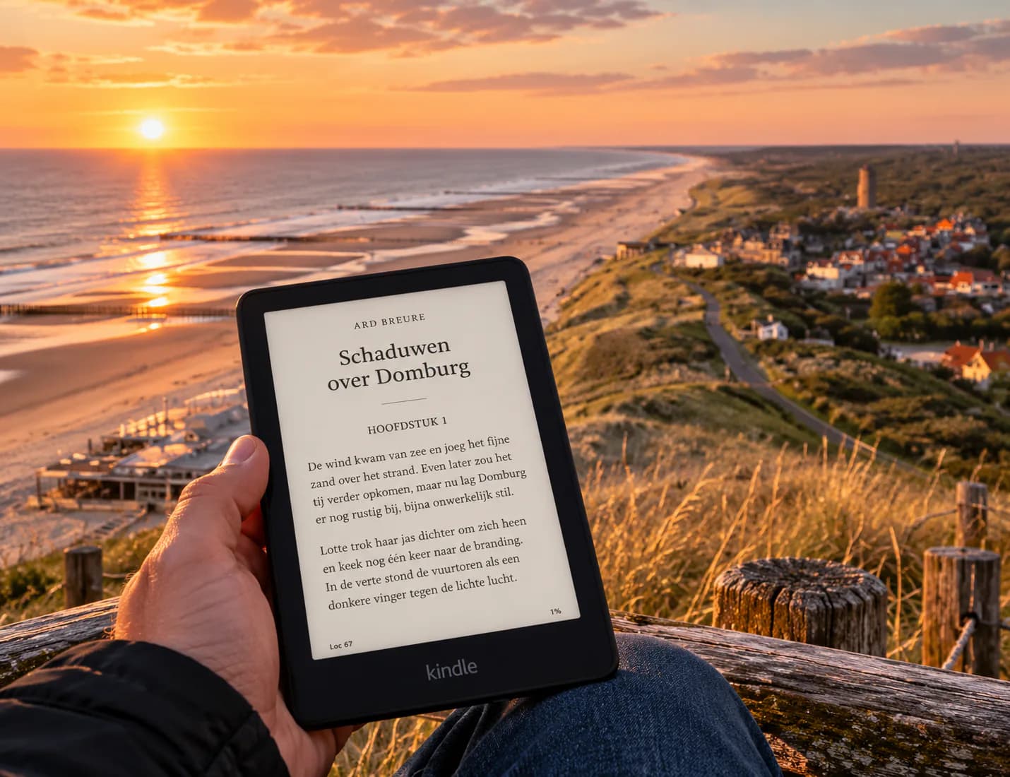 Kindle Paperwhite met Schaduwen over Domburg van Ard Breure bij de duinen en kust van Domburg bij zonsondergang