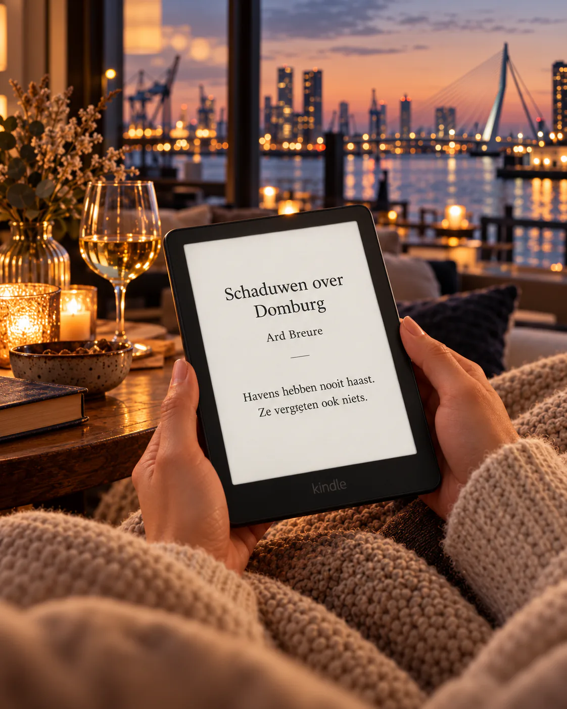 Kindle Paperwhite met Schaduwen over Domburg van Ard Breure en uitzicht op de Rotterdamse haven bij zonsondergang