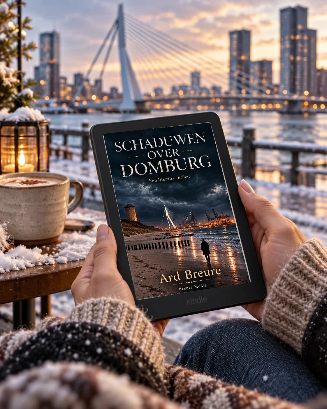 Persoon leest Kindle Paperwhite in winters Rotterdam, met Erasmusbrug op achtergrond en Schaduwen over Domburg op scherm