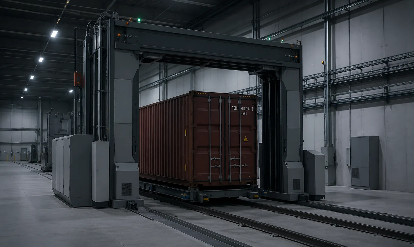 A shipping container inside a Customs X-ray scanner in the Port of Rotterdam
